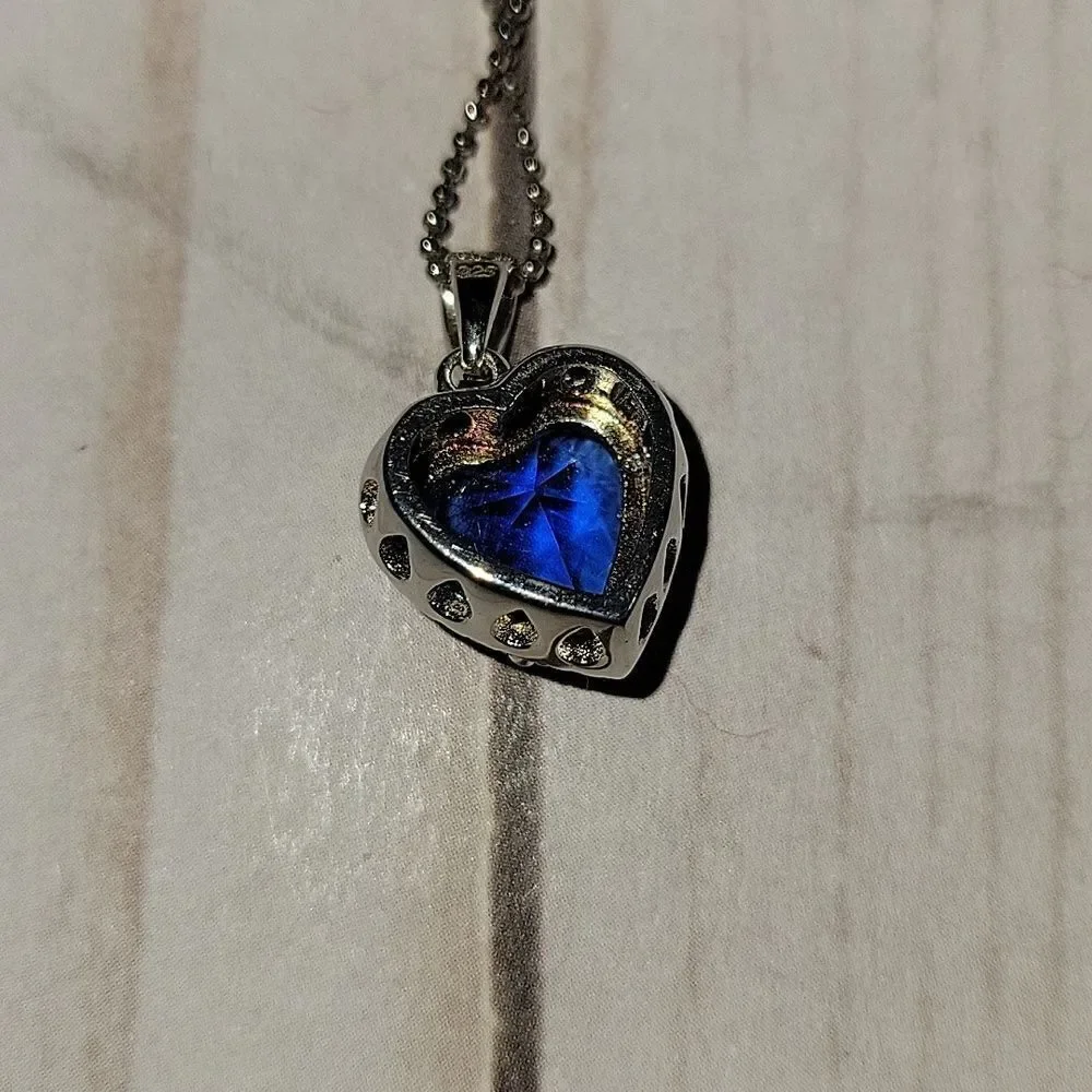 Blue Obsidian & Cubic Zirconia Platinum over 925 Silver Heart Pendant Necklace
